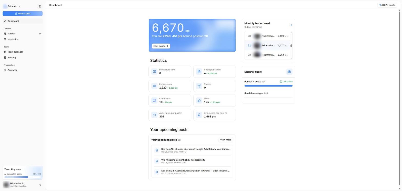 Dashboard der Eskimoz Community mit Punkten, Statistik und Monatszielen