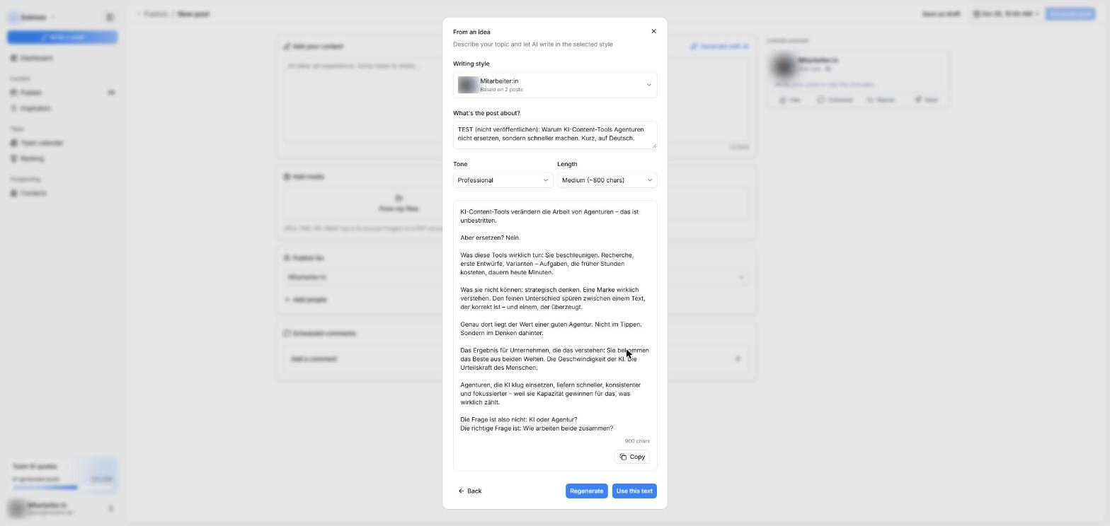 KI-Generator mit Schreibstil, Ton, Länge und generiertem Entwurf