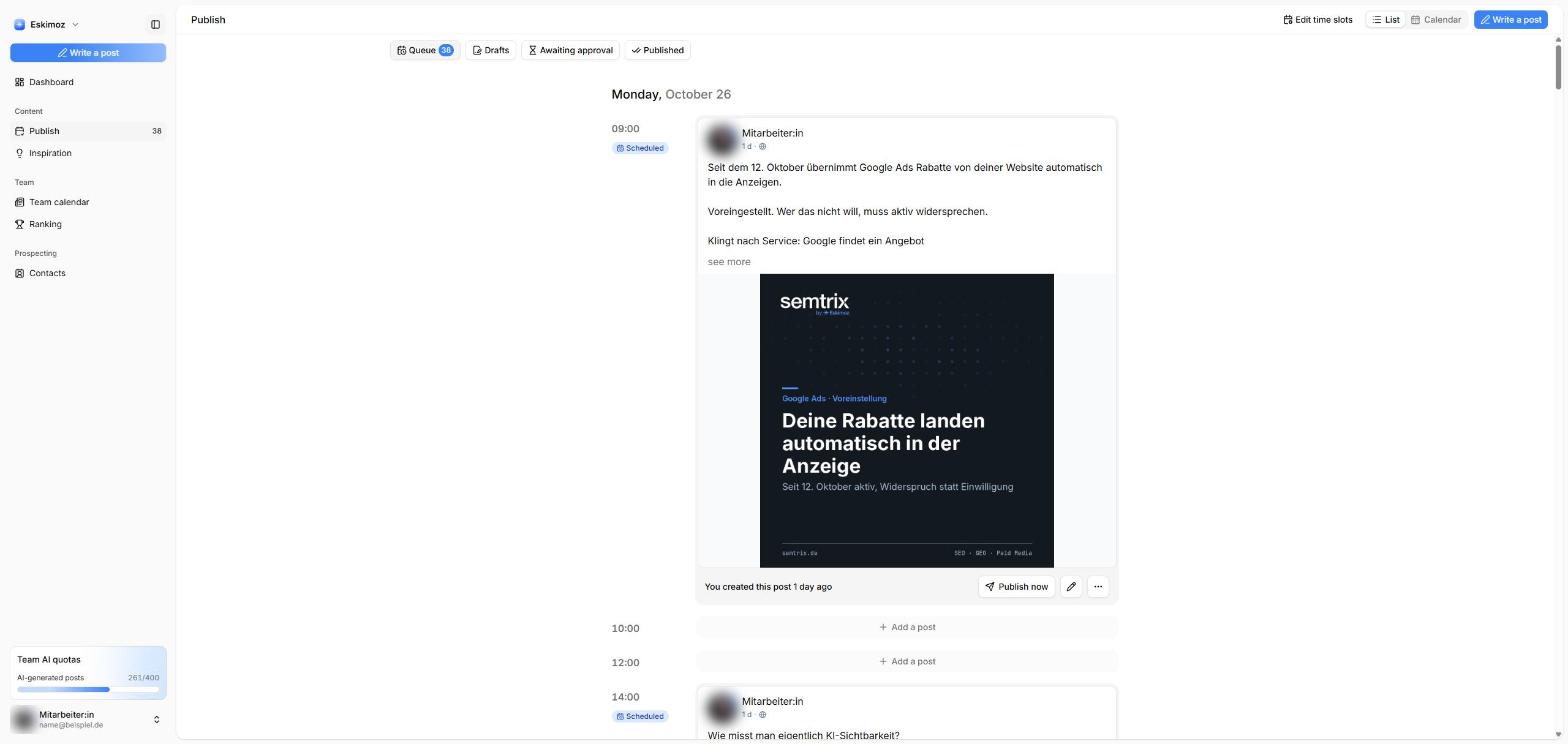 Queue mit geplanten LinkedIn-Posts