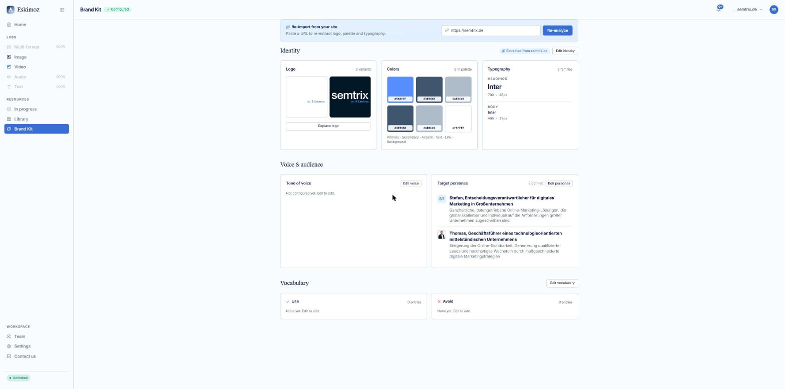 Brand Kit mit Logo, Farben, Typografie und Personas